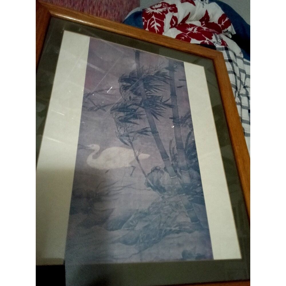 Framed Asian-Style Print of White Crane Among Bamboo